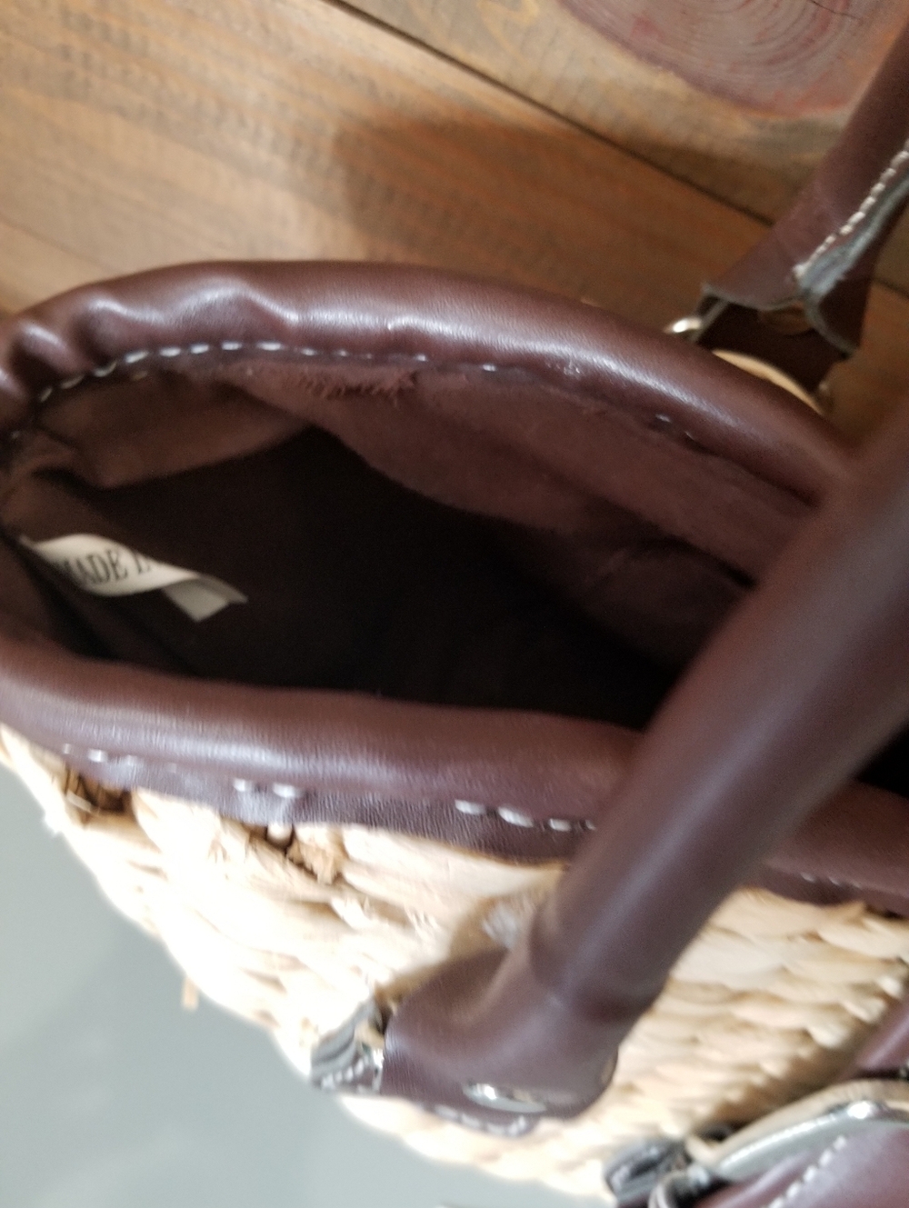 Marshall Fields Vtg Weaved Wicker Basket Bag Tan Brown Handles Bucket Purse - Picture 4 of 14